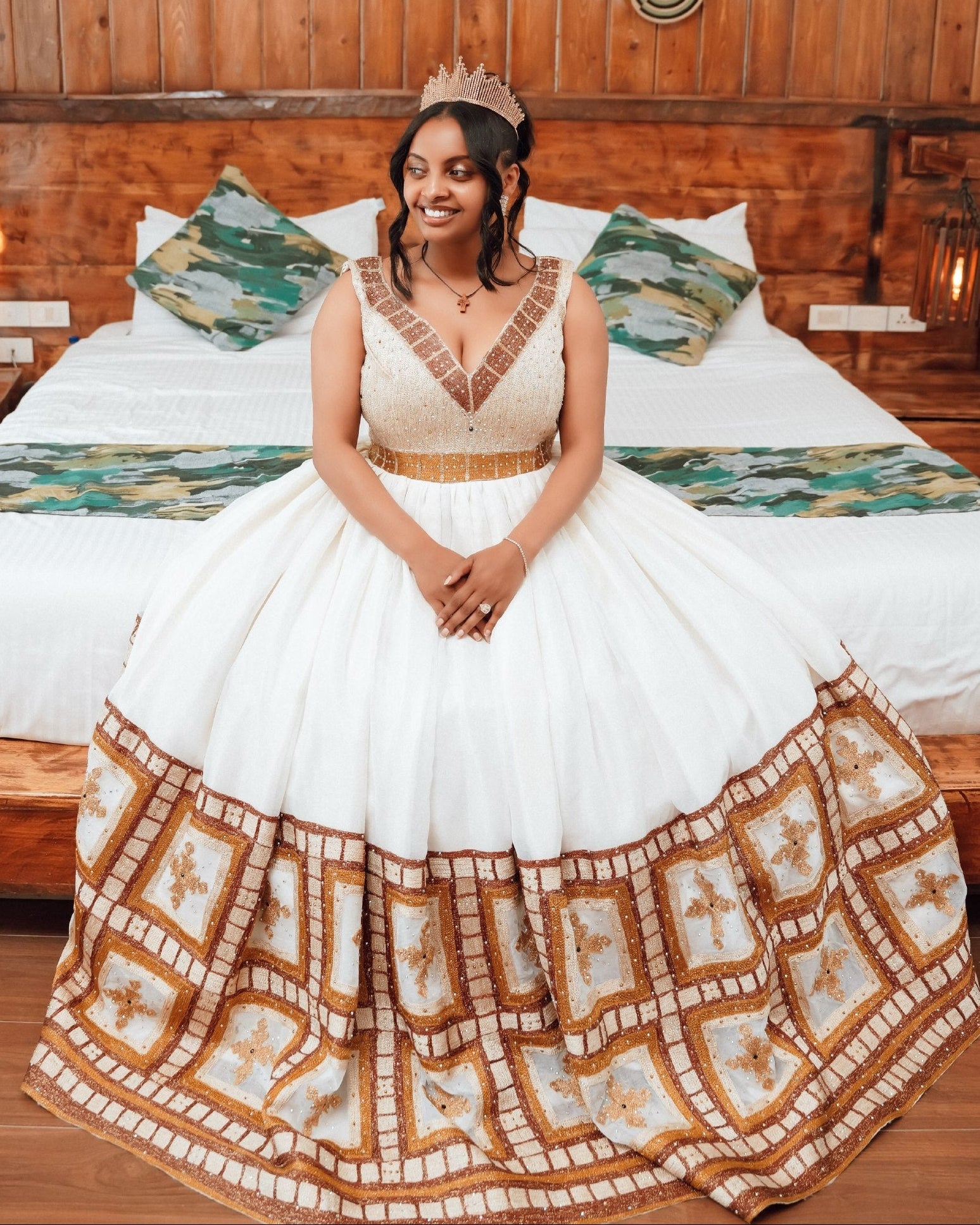 Graceful Eritrean Dress for Elegant Wedding Celebrations with Handcrafted Gold Embroidery