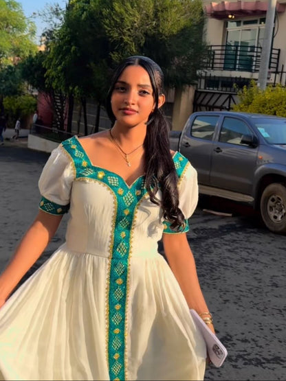 Delightful Cream Habesha Kemis Vibrant Emerald Green and Golden Ethiopian Dress habesha Kemis 976