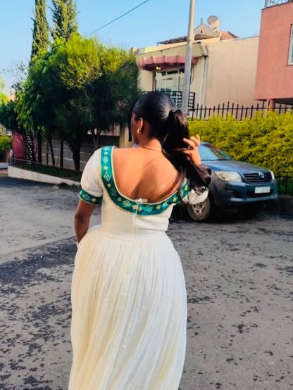 Delightful Cream Habesha Kemis Vibrant Emerald Green and Golden Ethiopian Dress habesha Kemis 976