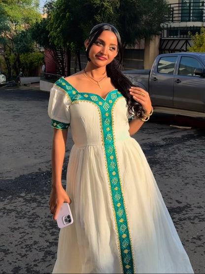 Delightful Cream Habesha Kemis Vibrant Emerald Green and Golden Ethiopian Dress habesha Kemis 976