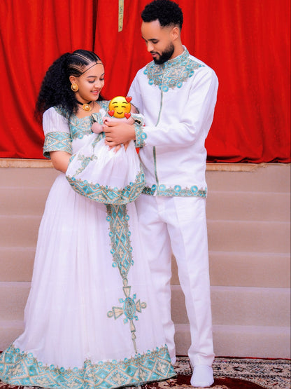Ethereal Crisp Matching Attire Luminous Turquoise and Gold Diamond Couple's Set 983