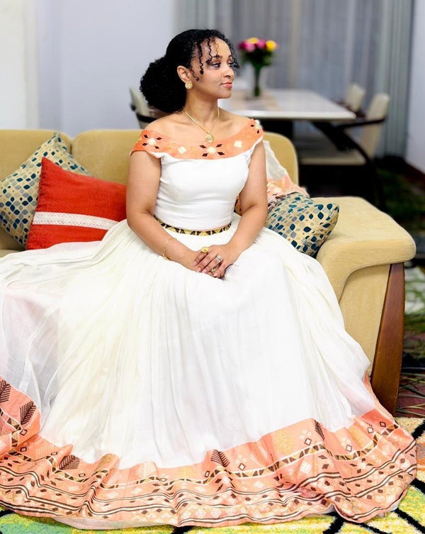 Graceful Off-Shoulder Habesha Dress Soft Peach and Bronze Geometric Diamond Ethiopian Clothing 984