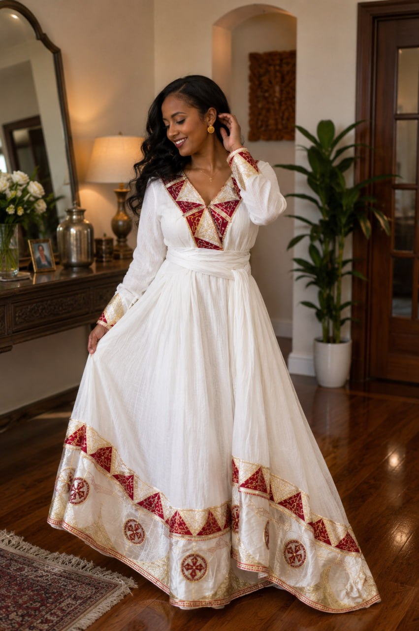 V-Neck Habesha Dress Crimson Burgundy and Gilded Geometric Triangle Ethiopian Traditional Dress 985