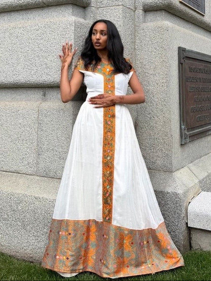 Luxury Handcrafted Habesha Kemis Vibrant Amber Woven Ethiopian Clothing Timeless Cultural Style 988