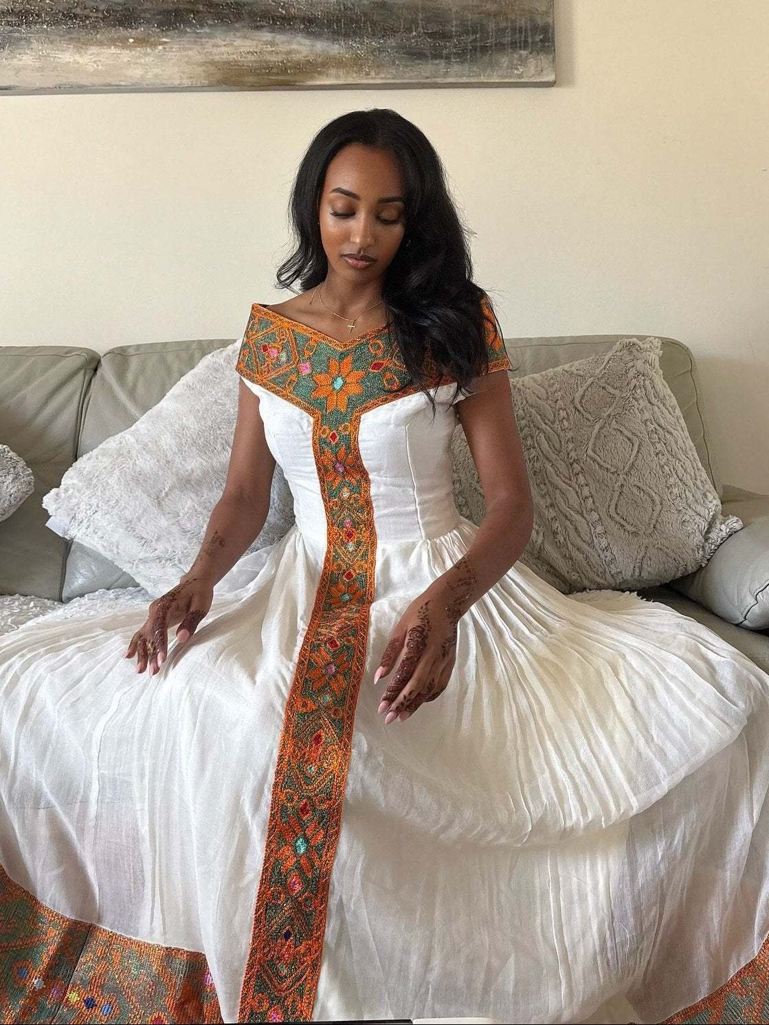 Luxury Handcrafted Habesha Kemis Vibrant Amber Woven Ethiopian Clothing Timeless Cultural Style 988