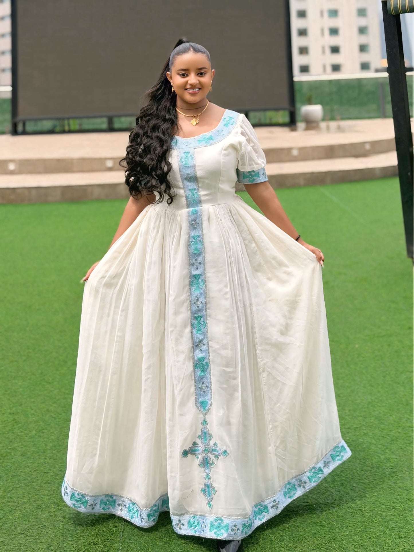 Sky Blue Habesha Kemis Online Elegant Eritrean Dress & Traditional Ethiopian Clothing