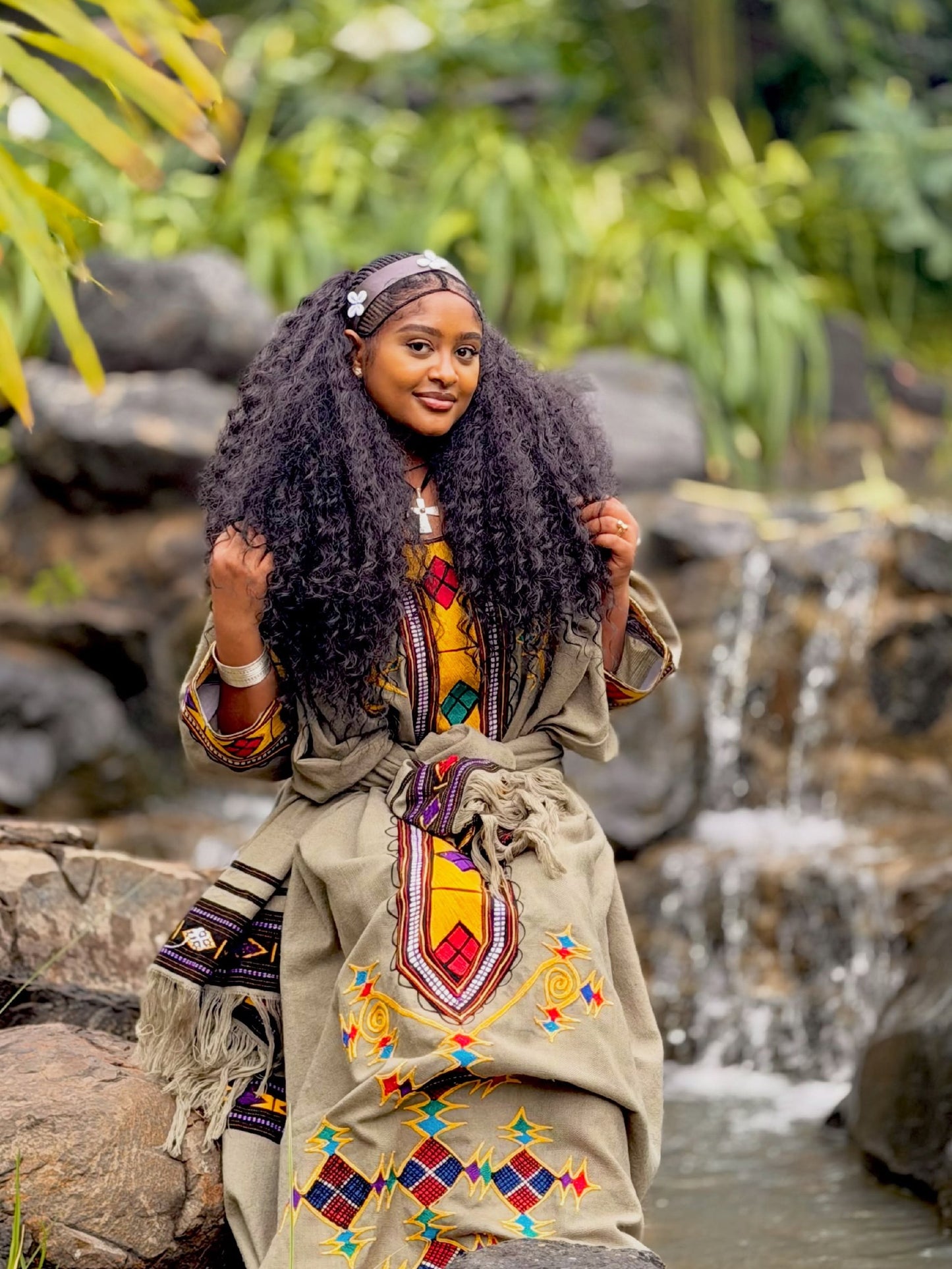 Earthy Olive Green Habesha Kemis Bold Yellow and Turquoise Diamond Habesha Dress and Belted Ethiopian Clothing Shawl 992