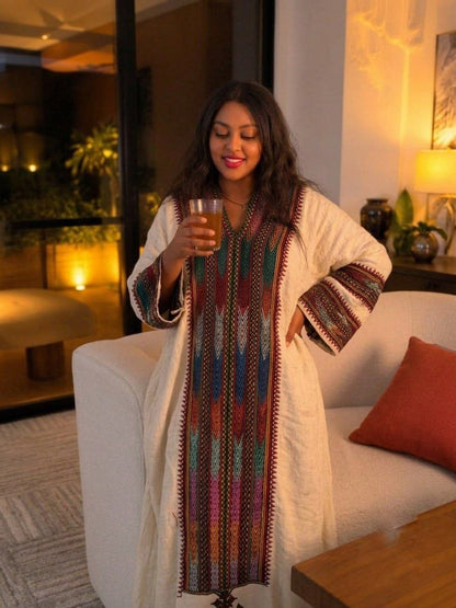 Luxurious Habesha Kemis Bold Multicolored Chevron Tilf Bodice Habesha Dress Handcrafted Ethiopian Clothing 993