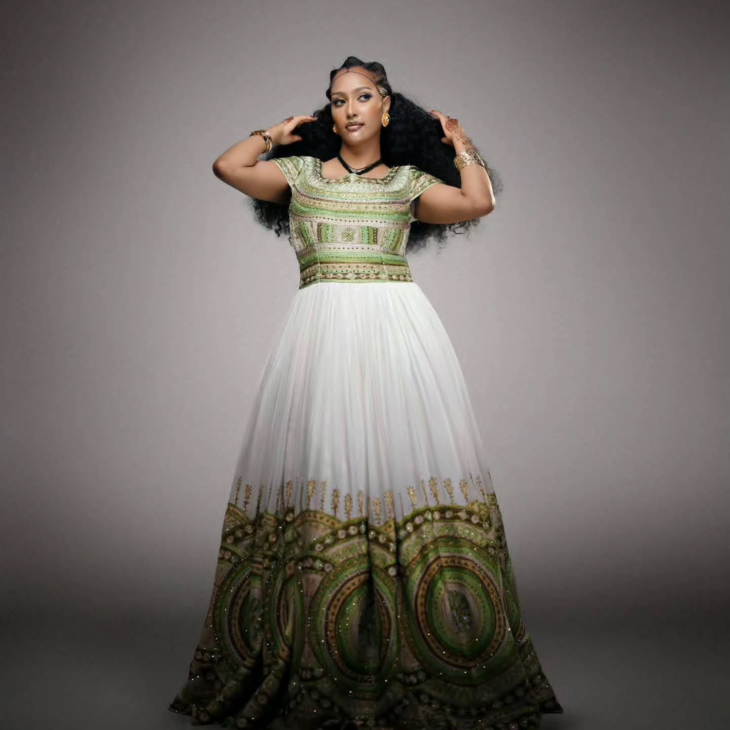 Regal Green Habesha Kemis Circular Embroidery Ethiopian Traditional Wedding Dress for Cultural Celebrations 995