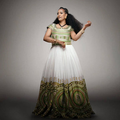 Regal Green Habesha Kemis Circular Embroidery Ethiopian Traditional Wedding Dress for Cultural Celebrations 995
