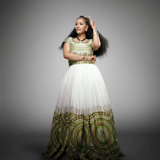 Green Habesha Kemis Online Ethiopian Traditional Wedding Dress with Ornamental Embroidery