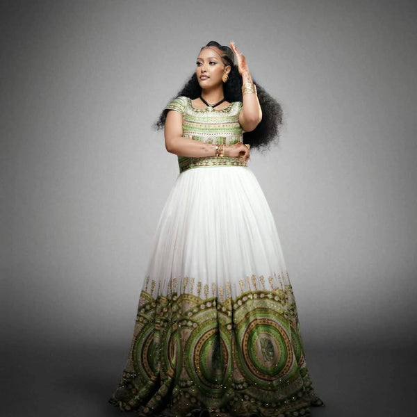 Green Habesha Kemis Online Ethiopian Traditional Wedding Dress with Ornamental Embroidery