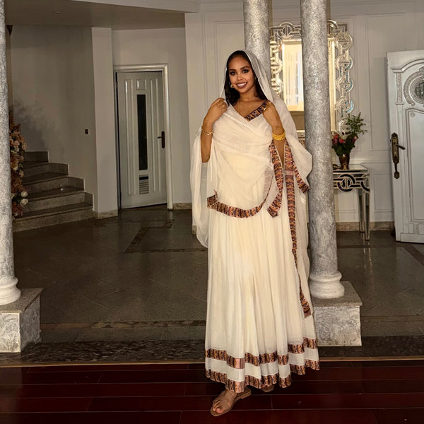 Graceful Ethiopian Dress with Handwoven Border and Netela Timeless Habesha Kemis Outfit 996