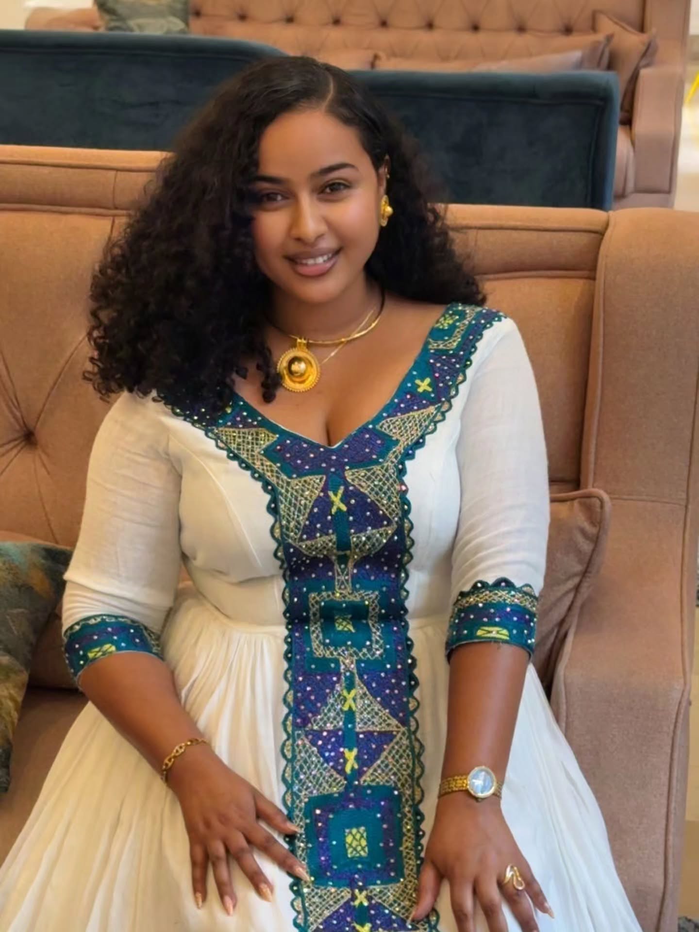 Elegant Teal Embroidered Habesha Kemis Cross Motif Habesha Dress for Timeless Cultural Celebrations 997