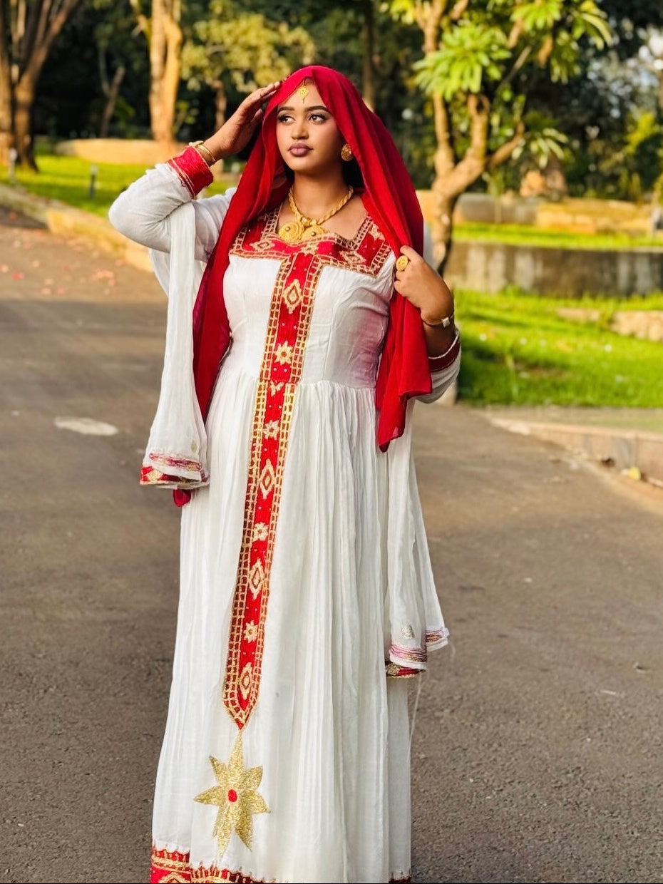 Radiant Red Embroidered Habesha Kemis Traditional Habesha Dress Ethiopian Dress 998