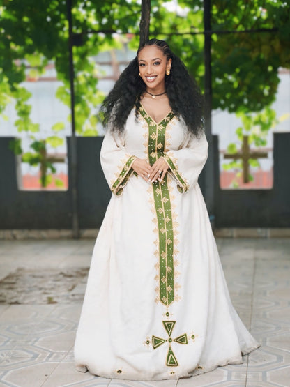 Pure Ivory Habesha Kemis Forest Green and Gold Leaf Motif Embroidery Ethiopian Clothing 999
