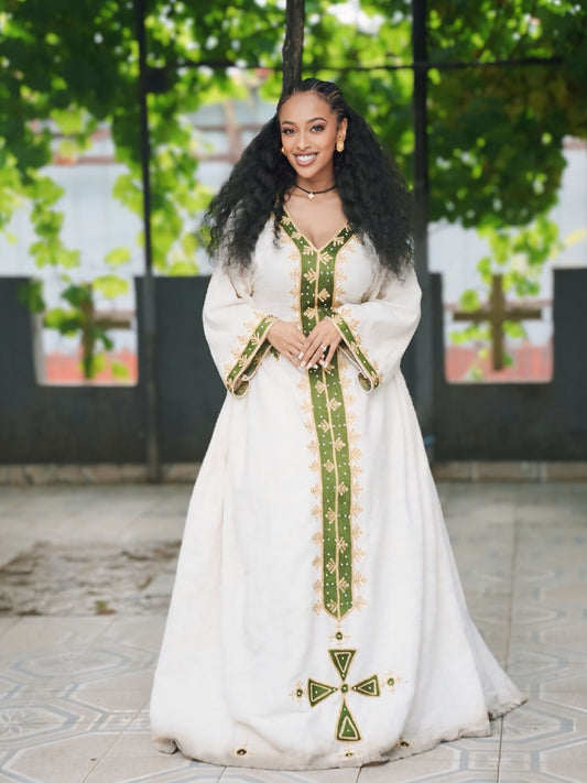 Pure Ivory Habesha Kemis Forest Green and Gold Leaf Motif Embroidery Ethiopian Clothing 999