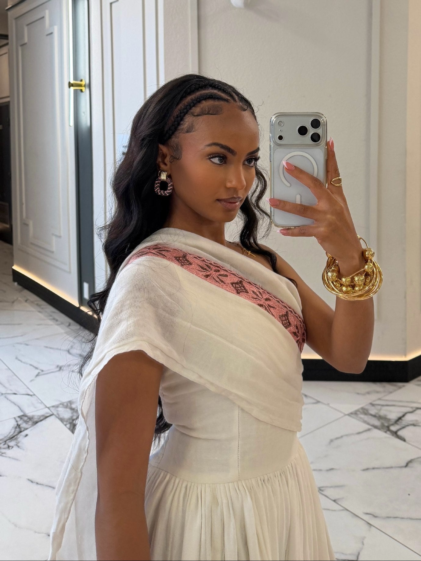 One-Shoulder Pink Embroidered Habesha Kemis Elegant Ethiopian Dress For Cultural Celebrations 1003