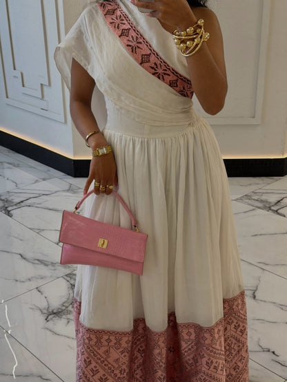 One-Shoulder Pink Embroidered Habesha Kemis Elegant Ethiopian Dress For Cultural Celebrations 1003
