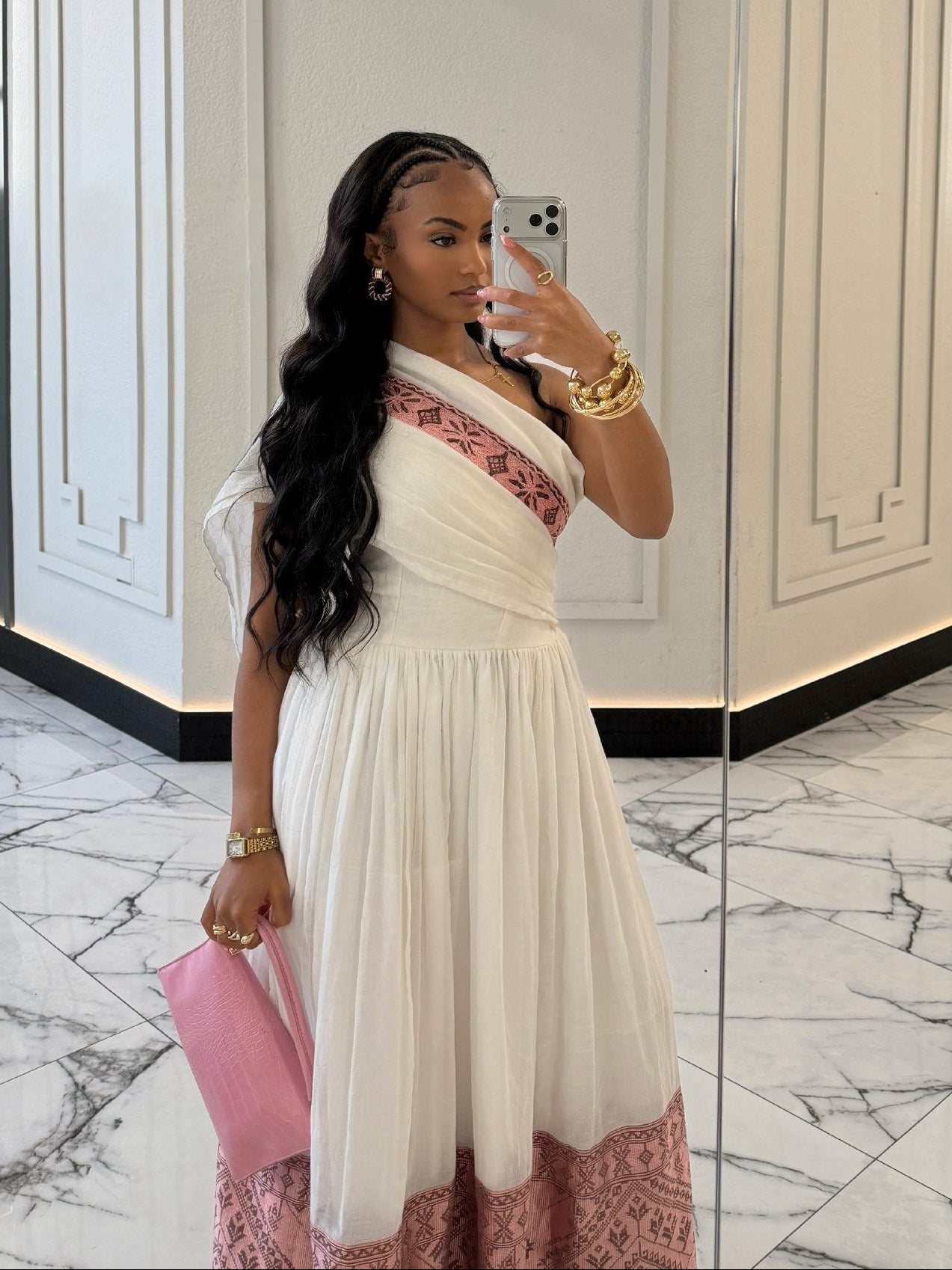 One-Shoulder Pink Embroidered Habesha Kemis Elegant Ethiopian Dress For Cultural Celebrations 1003