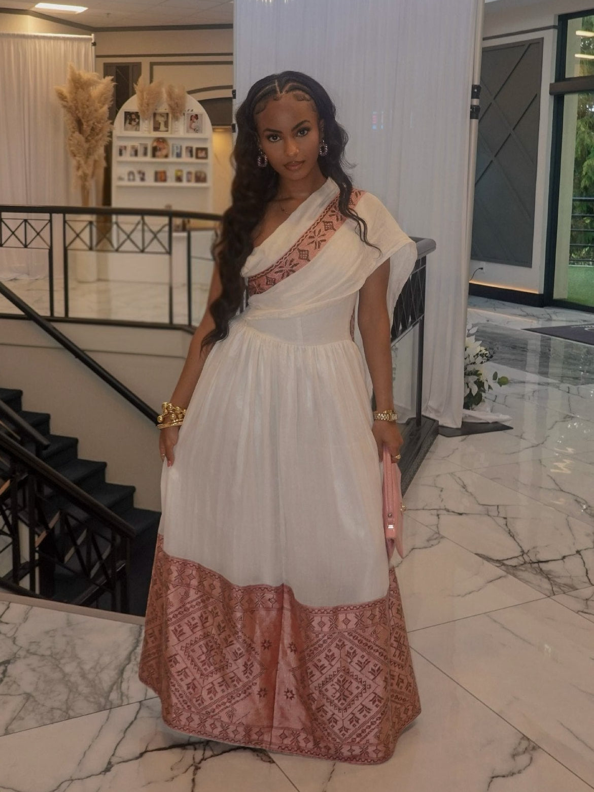 One-Shoulder Pink Embroidered Habesha Kemis Elegant Ethiopian Dress For Cultural Celebrations 1003