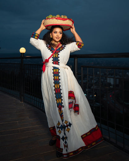 Vibrant Tribal-Inspired Habesha Kemis Bold Geometric Embroidery Ethiopian Clothing for Heritage Celebrations 1005
