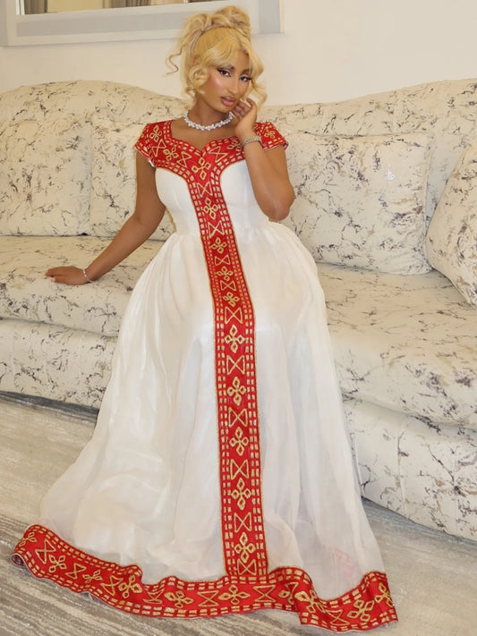 Regal Crimson Embroidered Habesha Kemis Flowing Silhouette Ethiopian Dress  Timeless Habesha Dress 1006