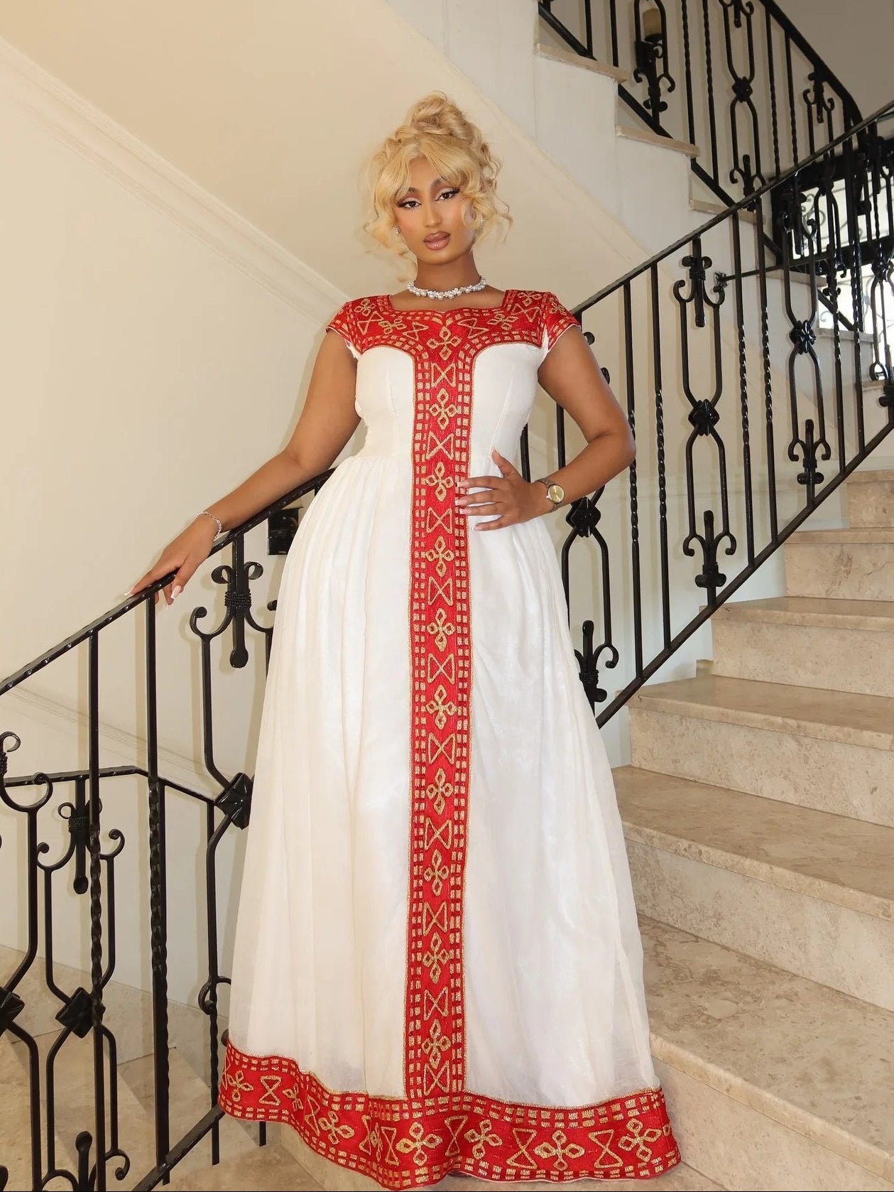 Regal Crimson Embroidered Habesha Kemis Flowing Silhouette Ethiopian Dress  Timeless Habesha Dress 1006