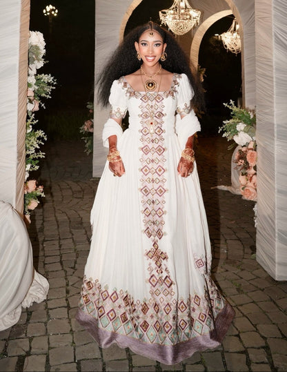 Enchanting Dusty Rose and Mint Geometric Diamond Habesha Dress Luxury Ethiopian Clothing Detailing 1008