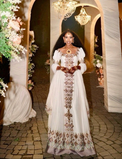 Enchanting Dusty Rose and Mint Geometric Diamond Habesha Dress Luxury Ethiopian Clothing Detailing 1008