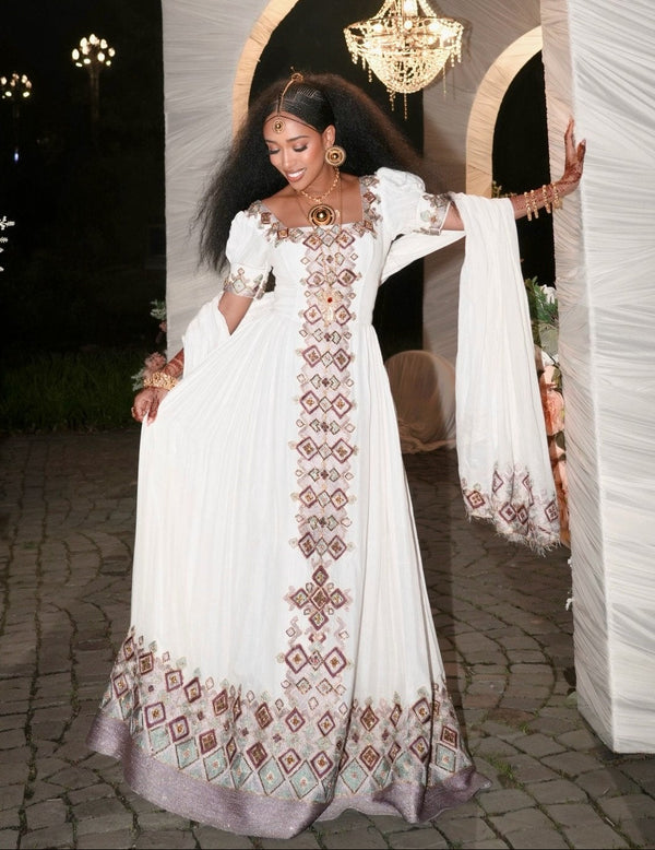 Enchanting Dusty Rose and Mint Geometric Diamond Habesha Dress Luxury Ethiopian Clothing Detailing 1008