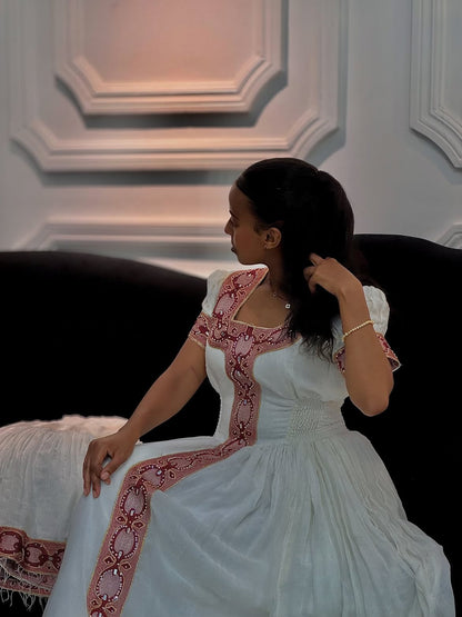 Exquisite Habesha Traditional Dress Authentic Ethiopian Traditional Dress Featuring Intricate Pink Tibeb Embroidery 1011