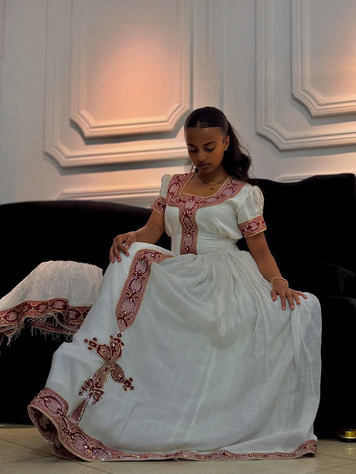 Exquisite Habesha Traditional Dress Authentic Ethiopian Traditional Dress Featuring Intricate Pink Tibeb Embroidery 1011