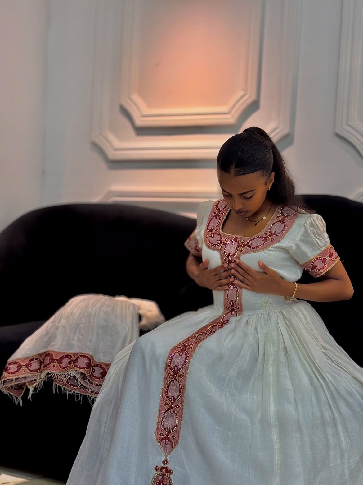 Exquisite Habesha Traditional Dress Authentic Ethiopian Traditional Dress Featuring Intricate Pink Tibeb Embroidery 1011