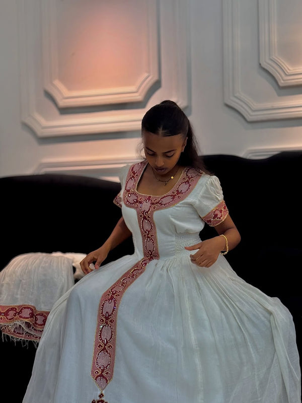 Exquisite Habesha Traditional Dress Authentic Ethiopian Traditional Dress Featuring Intricate Pink Tibeb Embroidery 1011