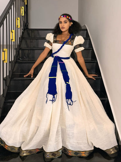 Regal Ethiopian Dress Inspired Handwoven Border Habesha Kemis Architectural Puff Sleeves Habesha Dress 1015
