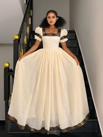 Regal Ethiopian Dress Inspired Handwoven Border Habesha Kemis Architectural Puff Sleeves Habesha Dress 1015