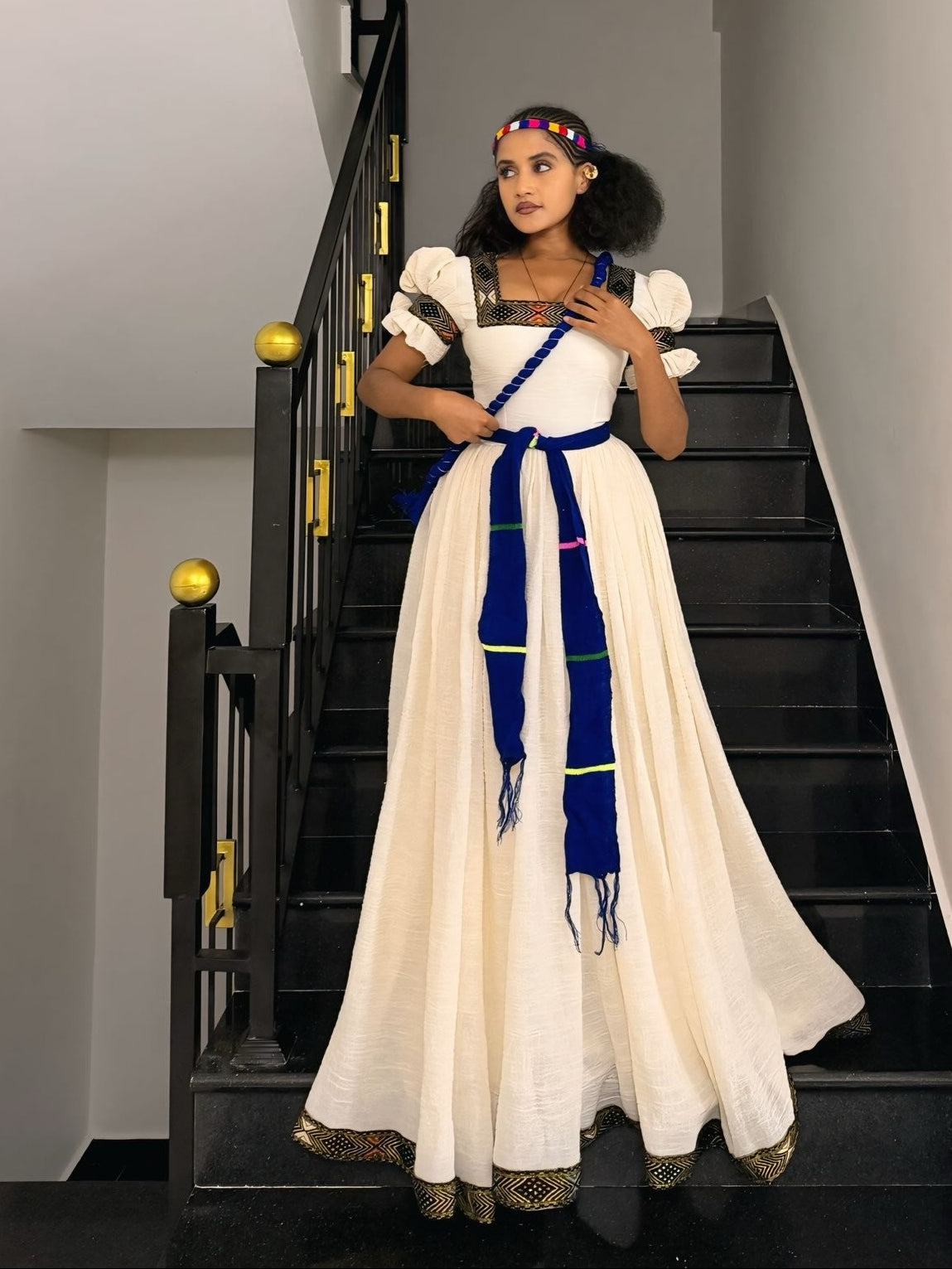 Regal Ethiopian Dress Inspired Handwoven Border Habesha Kemis Architectural Puff Sleeves Habesha Dress 1015