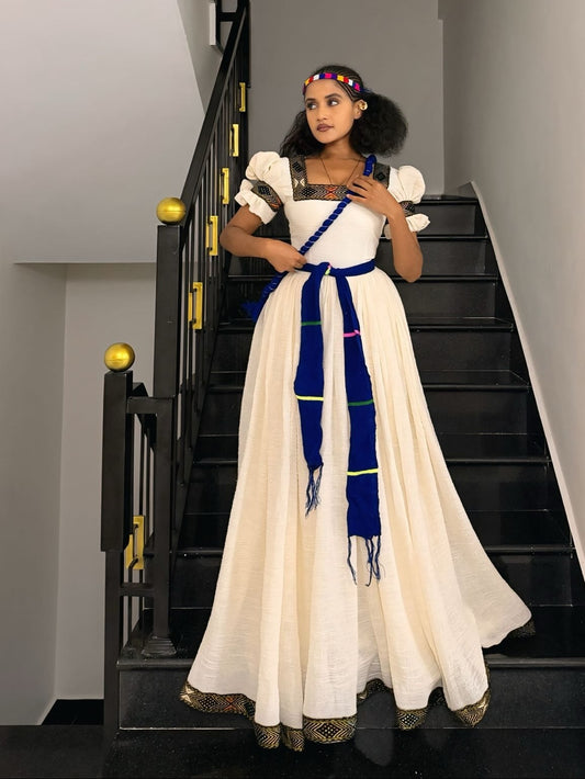 Regal Ethiopian Dress Inspired Handwoven Border Habesha Kemis Architectural Puff Sleeves Habesha Dress 1015