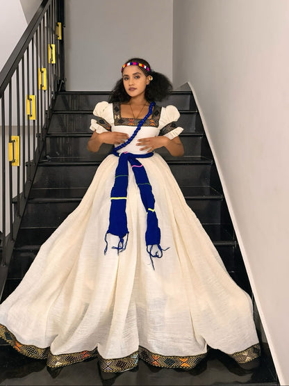 Regal Ethiopian Dress Inspired Handwoven Border Habesha Kemis Architectural Puff Sleeves Habesha Dress 1015