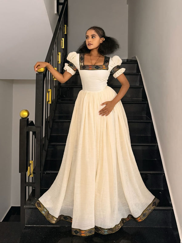 Regal Ethiopian Dress Inspired Handwoven Border Habesha Kemis Architectural Puff Sleeves Habesha Dress 1015