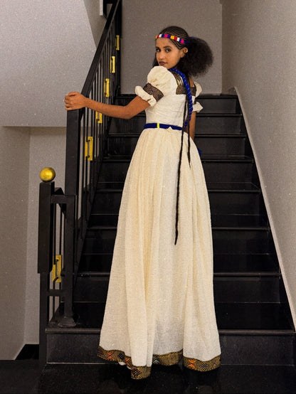 Regal Ethiopian Dress Inspired Handwoven Border Habesha Kemis Architectural Puff Sleeves Habesha Dress 1015