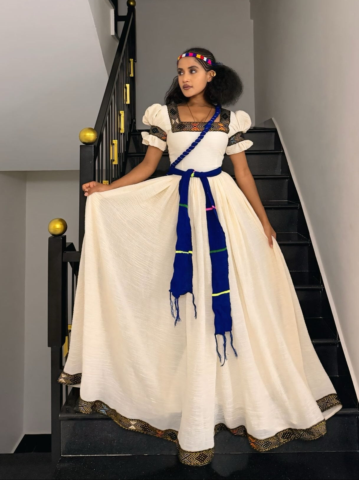  Handwoven Border Ceremony Couple Ensemble with Architectural Puff Sleeves