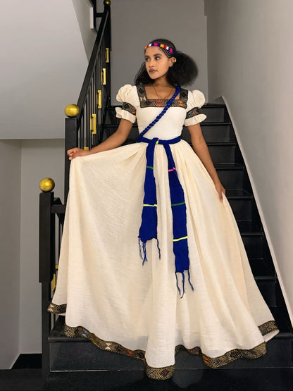  Handwoven Border Ceremony Couple Ensemble with Architectural Puff Sleeves