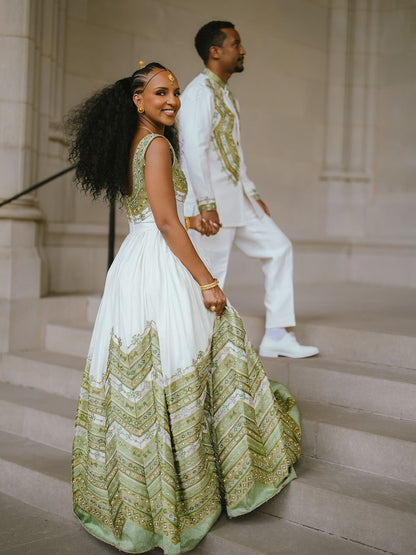 Matching Ethiopian Couple Outfit Sage Green And Gold Chevron Habesha matching embroidery 1018