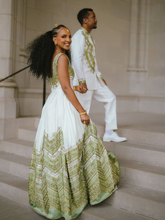 Matching Ethiopian Couple Outfit Sage Green And Gold Chevron Habesha matching embroidery 1018