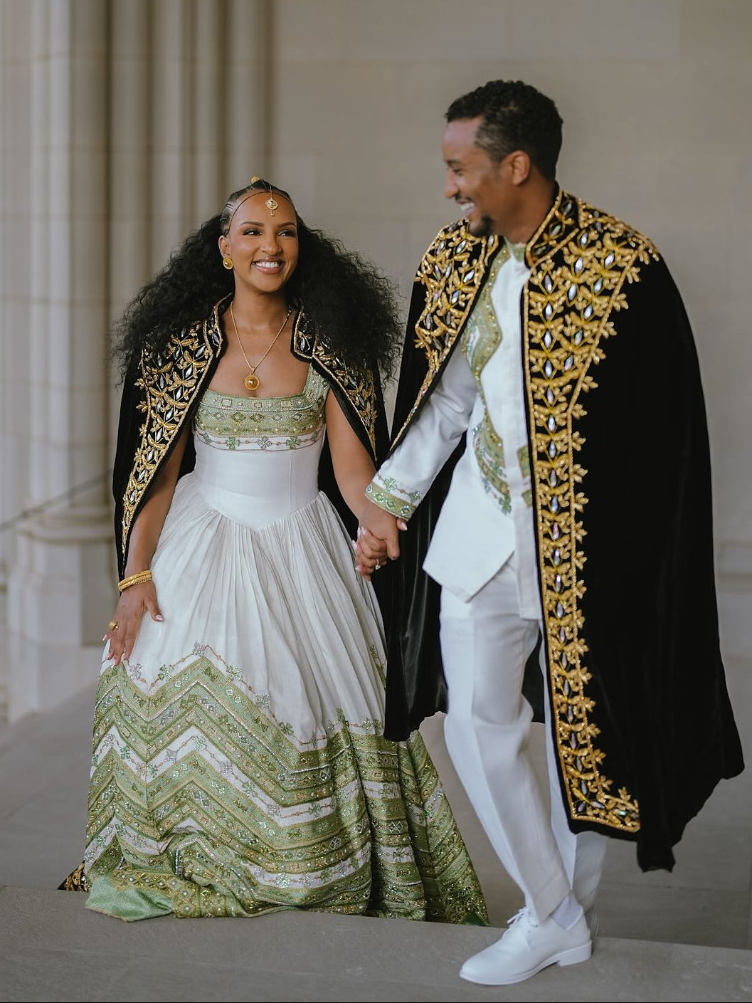 Matching Ethiopian Couple Outfit Sage Green And Gold Chevron Habesha matching embroidery 1018