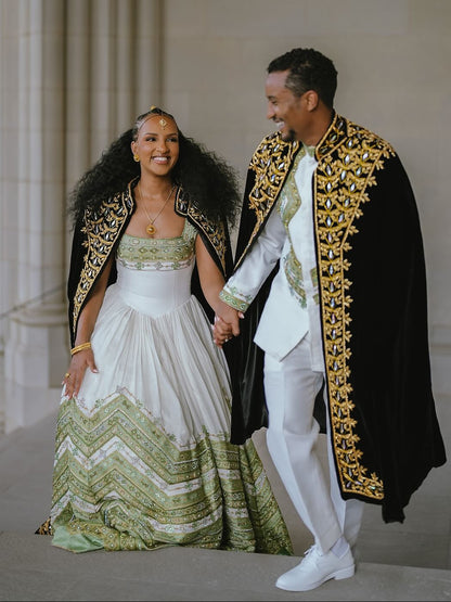 Matching Ethiopian Couple Outfit Sage Green And Gold Chevron Habesha matching embroidery 1018