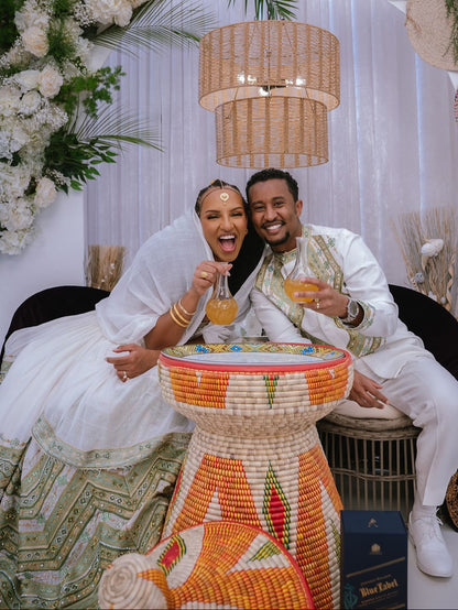 Matching Ethiopian Couple Outfit Sage Green And Gold Chevron Habesha matching embroidery 1018