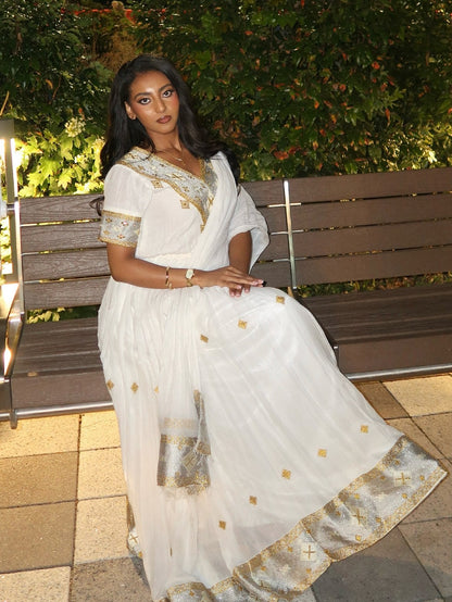 Exquisite Habesha Kemis Online Traditional Ethiopian & Eritrean Dress with Handwoven Gold Accents 1020